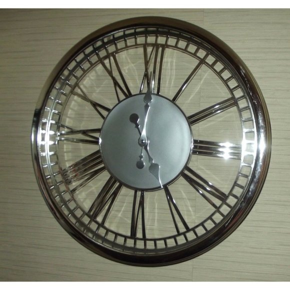 Wall Clock Large 20" Round Silver Cut Out Chrome Roman Numeral Skeleton Round - Picture 2 of 8